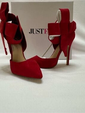 JustFab Red Suede Pointed-Toe Ankle-Tie Stiletto Heels